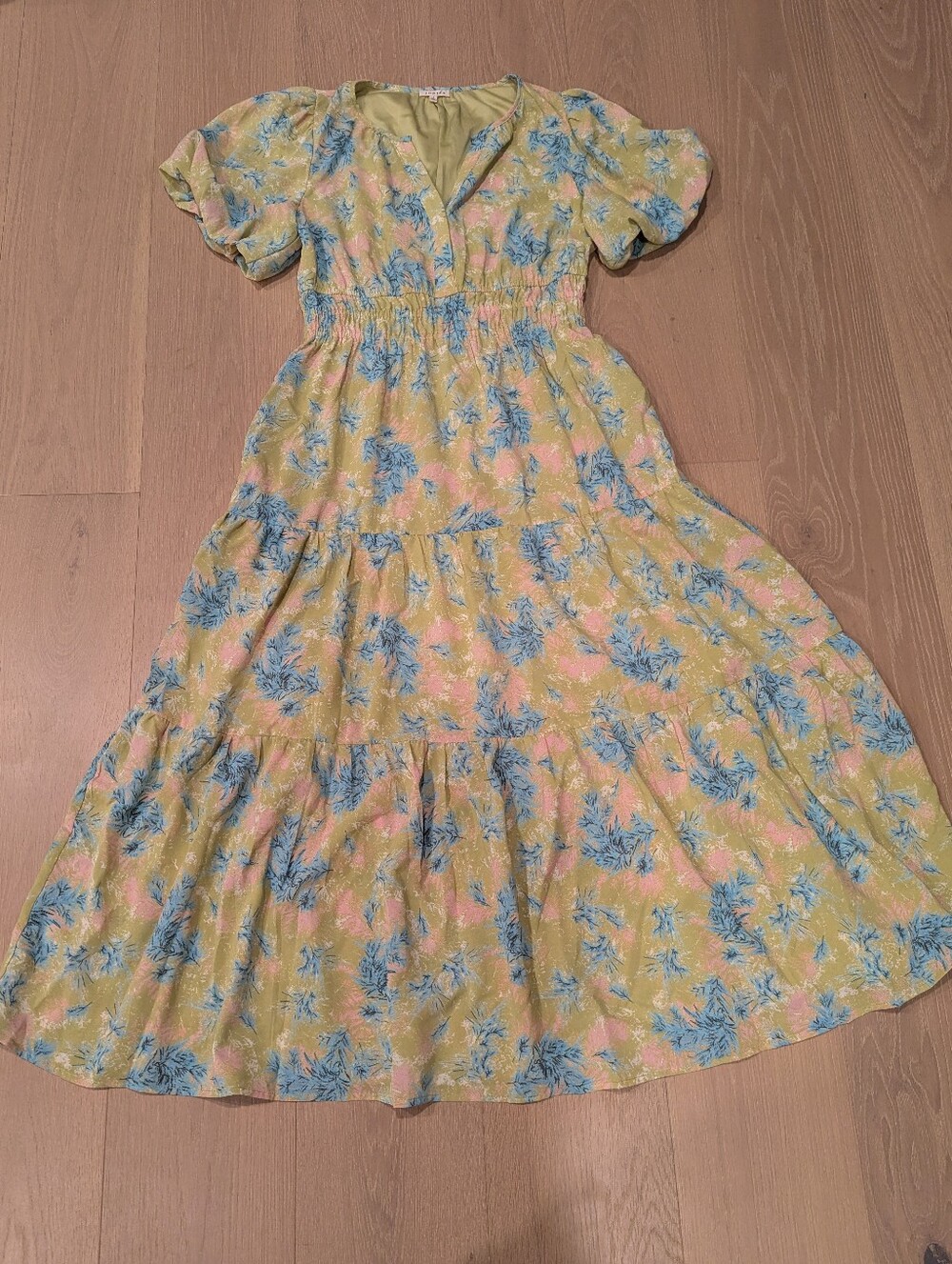 Floral Tiered Midi Dress in Light Green with Blue Accents
